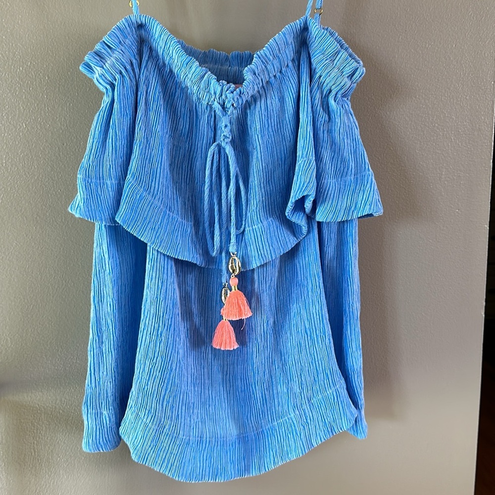 Lily Pulitzer lapis blue top, layered flounce adjustable spaghetti strap tank